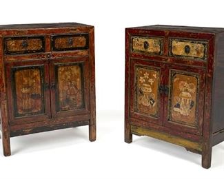 2056
A Near-Pair Of Indonesian Nightstands
20th Century
The red-hued painted and lacquered wood nightstands with two drawers over a two-door cabinet body and shelved interior, with sunken panels decorated with floral and vase motifs surrounded by black and green frames raised on straight legs, with metal hardware and centered decorative medallion, 2 pieces
Larger: 33.25" H x 26.625" W x 15.625" D
Estimate: $300 - $500
