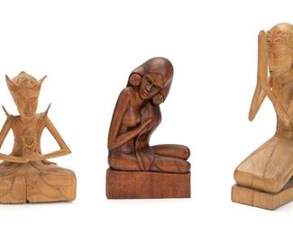 2058
Three Balinese Art Deco-Period Statues
Second-quarter 20th Century; Bali, Indonesia
Comprising three figural carved wood statues depicting a kneeling female figure, a cross-legged figure, and a praying figure, 3 pieces
Largest: 10.25" H x 2.875" W x 4.75" D
Estimate: $300 - $500