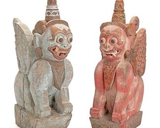 2059
A Pair Of Indonesian "Singa Bersayap" Temple Guardians
20th Century; Nusa Penida Island, Bali, Indonesia
Each polychromed carved wood depicting a seated winged singa figure on a rectangular base, 2 pieces
Largest: 24" H x 7.25" W x 17" D
Estimate: $600 - $800