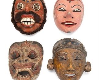 2061
A Group Of "Topeng" Indonesian Dance Masks
20th Century; Bali and Java, Indonesia
Comprising four polychromed carved wood figural masks, 4 pieces
Largest: 7.5" H x 6.125" W x 4.5" D
Estimate: $300 - $500