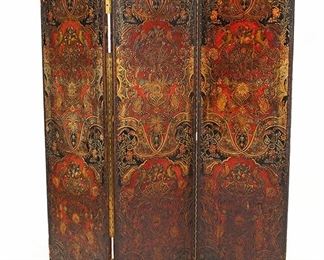 2068
A Spanish-Style Tooled Leather Folding Screen
Circa 1920s
The arched panels in hand-painted tooled leather decorated with arabesque designs with exotic birds and flowers finished with a nail stud trim
70" H x 63" W x 1" D
Estimate: $1,000 - $2,000