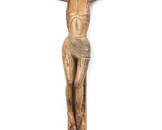 2069
A Spanish Colonial Santos Figure
18th/19th Century
The polychromed carved wood crucifix sculpture with glass eyes and gilt border
40.25" H x 24" W x 5.25" D
Estimate: $800 - $1,200