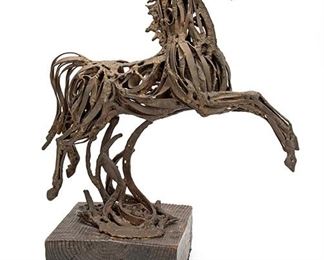 2070
Pedro Miguel De Cervantes Salvadores
1933-2020, Mexican
Horse, 1969
Bronze on wooden base
Signed: Cervantes S. 1969
Sculpture: 17" H x 16.5" W x 7" D; Overall: 20" H x 16.5" W x 8.5" D
Estimate: $1,200 - $1,800