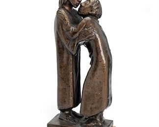 2073
After Ernst Barlach
1870-1938, German
"Das Wiedersehen"
Patinated bronze over cast plaster
Signed to base: E. Barlach; Further marked to base: (c) MPI
Bronze: 18.625" H x 7.75" W x 4.75" D; Overall: 20.5" H x 8.25" W x 5.5" D
Estimate: $800 - $1,200