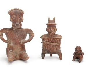 2071
Three Pre-Columbian Terracotta Figures
100 BCE-500 CE; Colima (Mexico)
Comprising three seated figures, one warrior with pointed hat, nose ornaments, and painted necklace wearing armor, each with traces of various ancient polychrome pigments and manganese deposits, 3 pieces
Largest: 11.5" H x 8" W x 6" D
Estimate: $500 - $700
