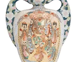 2078
A Tall Satsuma Handled Vase
Circa 1930
The body painted with cranes and applied scrolling clouds flanked by foliate decorated handles and centering a scene of conversing robed scholars in an interior against a burnished gilt ground
15" H x 12.5" W x 9" D
Estimate: $300 - $500