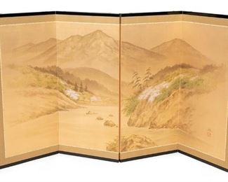 2079
A Japanese Fuji-Tori Folding Screen
20th Century
Marked with Chinese zhuwen seal
The 4-panel screen painted by Suzuki Sazanami depicting a spring countryside landscape on silk over gold leaf with floral borders enclosed in a black lacquered frame with chased metal mounts designed by Matsuki Jimyousai
36" H x 65.75" W x .75" D
Estimate: $500 - $700