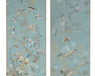 2086
A Pair Of Chinoiserie-Style Wall Panels
Mid-20th Century
Each hand-painted on paper laid to linen depicting polychrome botanical, avian, and insect motifs on a grey-blue ground enclosed in a wooden frame, 2 pieces
Each: 73" H x 22.25" W x .875" D
Estimate: $500 - $700