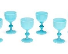 2088
Twelve Light Blue French Opaline Glass Goblets
Late 19th/early 20th Century
Each goblet raised on knopped stem, 12 pieces
Each: 4.5" H x 2.5" Dia.
Estimate: $300 - $500