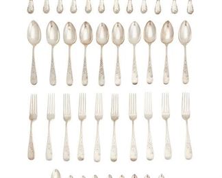 2091
A Collection Of Duhme & Co. Sterling Silver Flatware
Fourth-quarter 19th Century
Each marked: Duhme & Co. / Sterling
Comprising 10 place forks (7"), 10 place spoons (7"), 1 teaspoon (6.125"), and 8 five o'clock teaspoons (5.5") in the "Lily" pattern and 12 place forks in the "Louis XIV Old" pattern, 41 pieces
46.77 oz. troy approximately
Estimate: $300 - $500