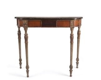 2093
A George III-Style Painted Console
19th Century
The carved and painted table with a pastoral scene and surrounding painted decoration to the top, the tapered legs carved with acanthus leaves, flowers, and scrolls
32.375" H x 39.375" W x 17" D
Estimate: $400 - $600