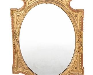 2094
A Neoclassical-Style Carved And Giltwood Wall Mirror
19th Century
The carved cornice with a floral medallion topped with ribbon details atop a carved elaborate frame adorned with applied moldings and foliate designs enclosing an oval glass mirror
55" H x 28" W x 4.5" D
Estimate: $400 - $600