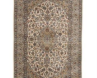 2096
A Persian Kashan Rug
Second-half 20th Century
Signed to border
Wool on cotton foundation, with central medallion and floral patterning on ivory field
84" L x 56" W
Estimate: $600 - $800