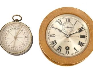 2104
A Chelsea U.S. Navy Ship's Clock And J.W. Queen & Co. Barometer
First-quarter 20th Century
Clock dial signed: Chelsea Clock Co. / Boston USA / U.S. Navy; Barometer signed: J.W. Queen & Co. / Philadelphia
Comprising a Chelsea Clock Co. U.S. Navy ship's clock with bronze case and silvered dial with black Roman numeral hour markers and minute track and a J.W. Queen & Co. compensated barometer and compass in a circular double glazed case, 2 pieces
Clock: 2" H x 4.625" Dia.; Dial: 3.5" Dia.; Barometer: 1.5" H x 2.625" Dia.
Estimate: $500 - $700