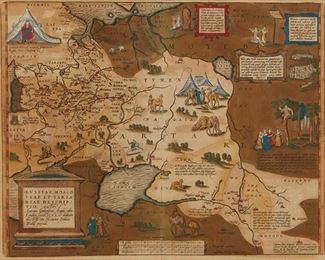 2107
A Framed Antique Map Of Russia
17th/18th Century
The map depicting the Caspian Sea and Russia circa 1562 with figural scenes and Latin text
14.5" H x 17.75" W
Estimate: $400 - $600