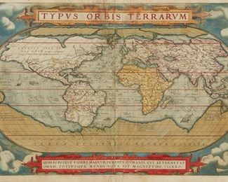 2106
An Antique Map Of The World
17th/18th Century
The world map with Cicero quote in Latin on red banner to bottom
14.5" H x 20.325" W
Estimate: $300 - $500