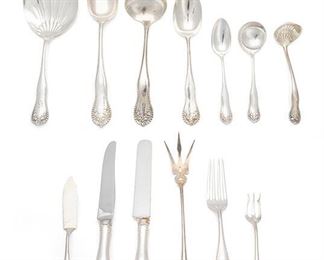 2115
A Gorham "Lancaster" Sterling Silver Flatware Service
Late 19th/early 20th Century
Each marked for Gorham; Further marked: Sterling
Designed 1897, comprising 4 hollow-handled blunt knives (9.625"), 3 hollow-handled New French knives (9.5"), 16 place forks (7.5"), 5 dessert forks (7"), 8 place spoons (7"), 6 teaspoons (5.75"), 11 demitasse spoons (5.25"), 7 bouillon spoons (5"), 3 table/serving spoons (8.5"), 2 ladles (6.75"), 1 cream ladle (4.25"), 1 pie knife (9.25"), 1 lettuce fork (9"), 1 olive fork (5.75"), and 1 butter knife (6.5"), 70 pieces
Weighable sterling: 75.925 oz. troy approximately
Estimate: $1,200 - $1,800