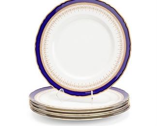 2117
Six Royal Worcester "Regency" China Dinner Plates
Fourth-quarter 20th Century
Each marked: Royal Worcester Fine Bone China / R / England / Regency
Each with cobalt banded edges with gilt details, 6 pieces
.875" H x 10.875" Dia.
Estimate: $300 - $400