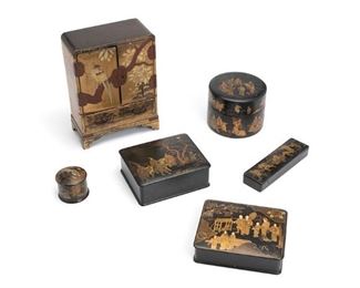 2130
Six Asian Wood Boxes
First-quarter 20th Century
Comprising three rectangular and two round lidded boxes all with painted figural scenes, together with a standing gilt jewelry box with drawers and hinged double-door front with landscape and bird motif, 6 pieces
Largest: 11.125" H x 8" W x 4" D
Estimate: $300 - $500
