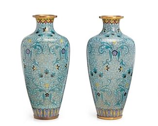 2133
A Pair Of Chinese Cloisonné Vases
First-quarter 20th Century
Each blue with floral decoration, 2 pieces
Each: 8.5" H x 4" Dia.
Estimate: $200 - $300