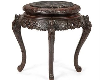 2135
A Chinese Carved Wood Table
First-quarter 20th Century
The circular table with rounded top carved with dragon motifs inset with black and white marble atop a carved and open-work skirt raised on curving figural dragon legs with scrolled feet
30" H x 37.25" Dia.
Estimate: $300 - $500