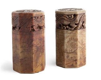 2138
A Pair Of Carved Chinese Hardstone Seals
First-quarter 20th Century
Each green and brown seal with elaborate carvings, etchings, and inscriptions throughout, 2 pieces
Each: 6" H x 3.125" Dia.
Estimate: $300 - $500