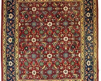 2140
An Indo-Persian-Style Rug
Mid-20th Century
Wool on cotton foundation, with polychrome floral motifs on red field with blue border
179" L x 147" W
Estimate: $800 - $1,200