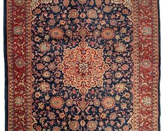 2141
A Persian Area Rug
Mid-20th Century
Wool on cotton foundation, with floral medallion on cobalt ground and crimson borders
125" L x 88" W
Estimate: $1,000 - $2,000