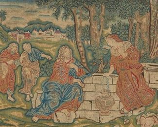 2143
A Framed French Petit Point
17th/18th Century
The framed needlepoint textile depicting Chirst and Saint Photine in the scene "Samaritan woman at the well" from the Gospel of John
15.5" H x 20.375" W
Estimate: $600 - $800