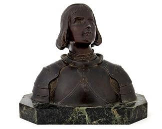 2145
O. Ruffony
20th Century, French
Joan Of Arc
Metal sculpture on marble base
Signed verso: Ruffony; With raised lettering: Ruffony
Bust: 8" H x 8.75" W x 3.75" D; Base: 1.25" H x 10" W x 5.5" D
Estimate: $300 - $500