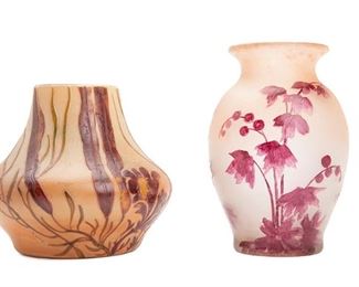 2158
Two Legras Acid-Cut Glass Vases
First-quarter 20th Century; France
Each signed: Legras; One further marked: Made in France
Comprising two pink-hued vases with acid-cut floral motifs, 2 pieces
Taller: 7" H x 5" Dia.; Shorter: 5.75" H x 6.25" Dia.
Estimate: $600 - $800