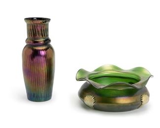 2160
Two Loetz Art Glass Pieces
Late 19th/early 20th Century
Comprising one bowl and one vase, 2 pieces
Vase: 9" H x 3.5" Dia.; Bowl: 3.375" H x 8.25" Dia.
Estimate: $300 - $500
