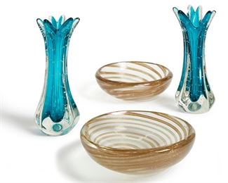 2162
Four Murano Glass Items
Third-quarter 20th Century
Vases with paper labels: Genuine Murano Glass / Made in Italy
Comprising two swirl bowls and two vases, 4 pieces
Each bowl: 2.5" H x 7" Dia.; Vase: 8.5" H x 3.5" W x 3.5" D
Estimate: $300 - $500