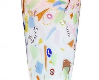 2165
A Noble Effort Blown Glass Vase
1987
Signed to base: 1987 / Noble Effort
With polychrome geometric and abstract figural murrini and cobalt rim
8.125" H x 4.375" Dia.
Estimate: $500 - $700