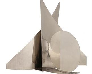 2169
Betty Hoenshell Younger
1932-2019, American
"Sailing With The Moon" Outdoor Sculpture
Chromed steel curved triangular panels and disk
Apparently unsigned
53.5" H x 64" W x 45.5" D
Estimate: $2,000 - $3,000
