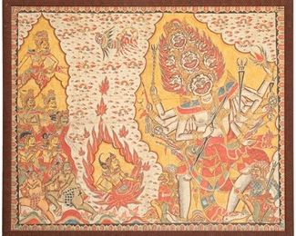 2176
A Balinese Kamasan Painting
First-half 20th Century; Kamasan village, Klungkung Regency, Bali, Indonesia
The natural pigment on linen painting depicting "Burning of the God of Love, Samaradahan" enclosed in a basket weave-style wood frame
47.5" H x 58" W
Estimate: $300 - $500