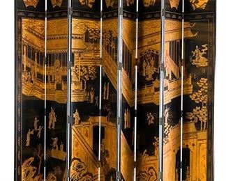 2177
An Eight-Panel Coromandel-Style Folding Screen
Third-quarter 20th Century
The ebonized screen carved and polychrome painted to one side and carved and gilt-highlighted to the other with scenes of courtly life
96" H x 144" W x .875" D
Estimate: $600 - $900
