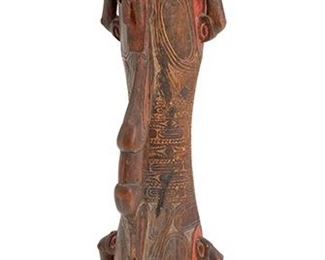 2179
An Oceanic Drum
Circa 1920-1930; Sepik River, Papua New Guinea
The drum carved from a single piece of tropic hardwood in classic hour-glass shape with center side handle, both ends with carved bird and crocodile motifs and a lizard skin drum top
28.5" H x 7" W x 7" D
Estimate: $400 - $800