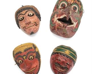 2181
Four "Topeng" Indonesian Masks
20th Century; Java, Indonesia
Comprising four polychromed carved wood figural masks, 4 pieces
Largest: 10" H x 7.25" W x 9" D
Estimate: $300 - $500