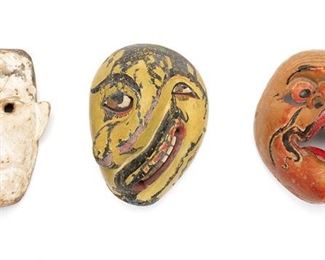 2182
A Group Of Indonesian And Sri Lankan Masks
20th Century; Java and Sri Lanka
Comprising three polychromed carved wood figural masks, 3 pieces
Largest: 8" H x 5.875" W x 4" D
Estimate: $400 - $600