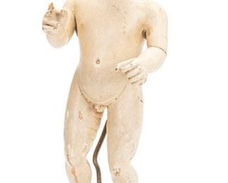 2192
Spanish Colonial Infant Santos Figure
19th Century; Mexico
The mounted, painted and gessoed figure with bent legs, outstretched hand, and rosy cheeks
16" H x 5.75" W x 4.25" D; Overall: 17.375" H x 5.75" W x 7.25" D
Estimate: $400 - $600