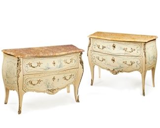 2194
A Near-Pair Of Painted Commodes
First-half 20th Century
Each with contoured marble top, light blue painted pastoral designs, cabriole legs, and painted brass mounts and drawer pulls, 2 pieces
Taller: 36" H x 46.5" W x 20" D; Shorter: 34" H x 48.5" W x 20.75" D
Estimate: $1,200 - $1,800