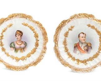 2196
A Pair Of Sèvres-Style Portrait Plates
Fourth-quarter 19th Century
Each with spurious blue overglaze mark and marked "France" to the underside
Comprising two porcelain portrait plates, the first depicting the emperor Napoleon, the second depicting his sister, Caroline, each with artist's signature "Murille" at lower left, 2 pieces
Each approximately: 9.75" Dia.
Estimate: $300 - $500