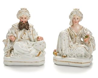 2200
A Pair Of Jacob Petit Porcelain Incense/Candle Holders
Mid-19th Century
Each marked for Jacob Petit: JP
Comprising two seated figures of a sultan with an Arabic-style French fork beard and sultana each with a turban and gilt accents, probably made for the Turkish market, 2 pieces
Larger: 8.5" H x 7" W x 5" D
Estimate: $2,000 - $3,000
