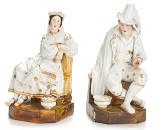 2201
A Pair Of Jacob Petit Porcelain Figural Incense/Candle Holders
Mid-19th Century
Each marked for Jacob Petit: JP
Comprising two seated Sicilian figures in traditional dress with gilt accents, 2 pieces
Larger: 9.5" H x 4.25" W x 5.25" D
Estimate: $300 - $600