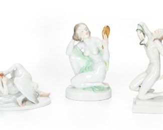 2205
Three Herend Nude Figures
Second-quarter 20th Century
Each marked for Herend
Comprising a woman with a hand mirror, "Leda and the Swan," and "Cleopatra," 3 pieces
Largest: 9.325" H x 5.325" W x 3.5" D
Estimate: $400 - $600