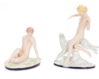 2206
Two Royal Dux Female Nude Figures
Second-half 20th Century
Each stamped for Royal Dux
Comprising a blond with borzoi and a reclining seated nude, 2 pieces
Taller: 14.125" H x 10.125" W x 3.25" D
Estimate: $400 - $600