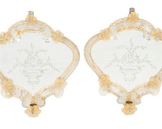 2207
A Pair Of Venetian Mirrored Candelabra Sconces
First-quarter 20th Century
Each sconce with a rope-style and C-scroll glass frame with gilt detailing adorned with glass flowers and a bobeche enclosing an engraved mirror with floral motifs, 2 pieces
Each: 12.25" H x 11.25" W x 2.5" D
Estimate: $400 - $600