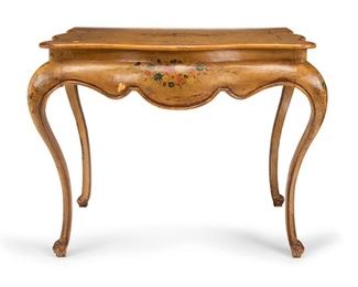 2211
A Pair Of Painted Italian Rococo-Style Consoles
First-quarter 20th Century
Each console with an articulated front and flat back, the top made of two-panels with floral painted design to the top and sides, cabriole legs, and scroll-carved ball feet, 2 pieces
Each: 36" H x 45" W x 28" D
Estimate: $800 - $1,200