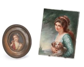 2212
Two Painted Porcelain Plaques
Late 19th/early 20th Century
Larger stamped to back with size (in cm) and for maker: P.P. / L
Comprising a small framed oval plaque of a Classical nude and a rectangular unframed portrait of a lady with her spaniel on a hinged stand, 2 pieces
Larger: 8.375" H x 6.5" Dia.; Smaller: 5.75" H x 5" W x 1" D
Estimate: $250 - $350